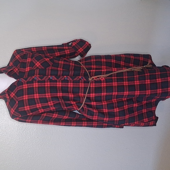 Dresses & Skirts - Jade Red Black Navy Plaid Flannel Dress Button Front Roll Tab Sleeve Small
